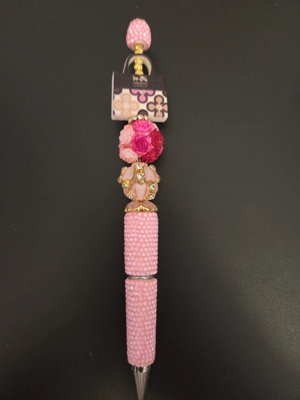 Coach Inspired Pink Crystal Floral Charm Pen with Gold Accents